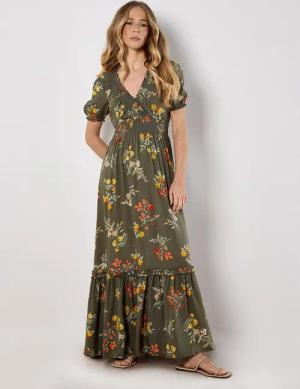 Apricot Maxikleid Sommerliches Blumenkleid, mit Smockdetails