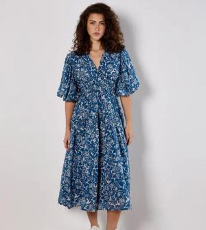 Apricot Druckkleid Gestuftes Midikleid, mit Rosenmuster