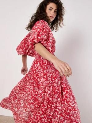 Apricot Druckkleid Gestuftes Midikleid, mit Rosenmuster