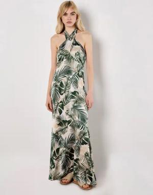 Apricot Maxikleid Tropical Satin Kleid, mit