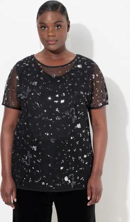 Ulla Popken Druckbluse Meshbluse oversized Pailletten