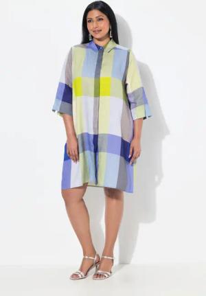 Ulla Popken Longbluse Leinen-Longbluse Hemdkragen Taschen