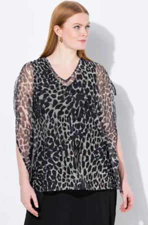 Ulla Popken Spitzenbluse Mesh-Bluse Cape-Stil V-Ausschnitt
