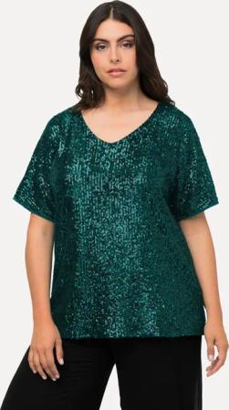 Ulla Popken T-Shirt Pailletten-Shirt Oversized V-Ausschnitt