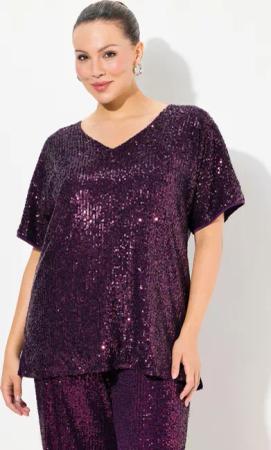 Ulla Popken T-Shirt Pailletten-Shirt Oversized V-Ausschnitt