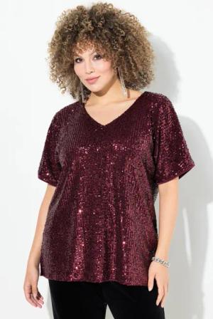 Ulla Popken T-Shirt Pailletten-Shirt Oversized V-Ausschnitt