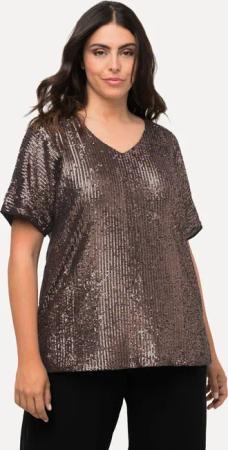 Ulla Popken T-Shirt Pailletten-Shirt Oversized V-Ausschnitt