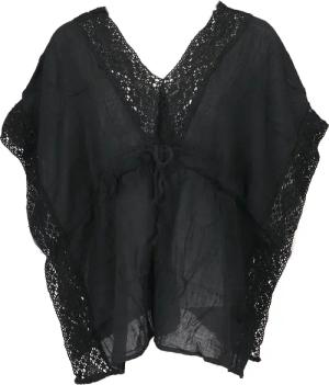Guru-Shop Longbluse Kurze Kaftanbluse mit Spitze,