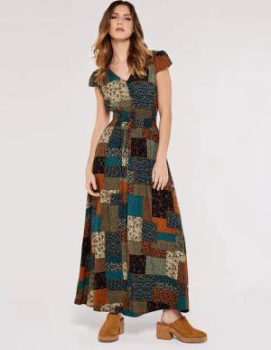 Apricot Druckkleid Maxikleid, (1-tlg) mit Patchworkdesign