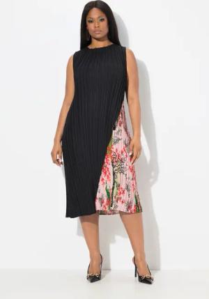 Ulla Popken Midikleid Plissee-Midikleid doppellagig Rundhals