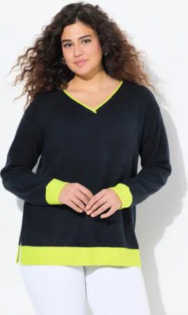 Ulla Popken Strickpullover Pullover Neon-Bündchen V-Ausschnitt