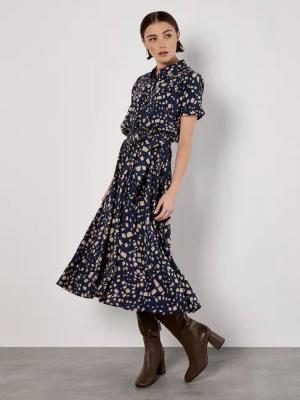 Apricot Druckkleid Quadratendruck Hemdblusenkleid, (2-tlg) mit