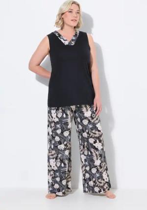 Ulla Popken Pyjama Pyjama Blätter V-Ausschnitt