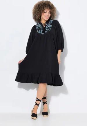 Ulla Popken Jerseykleid Musselin-Kleid Stickerei Tunika-Ausschnitt