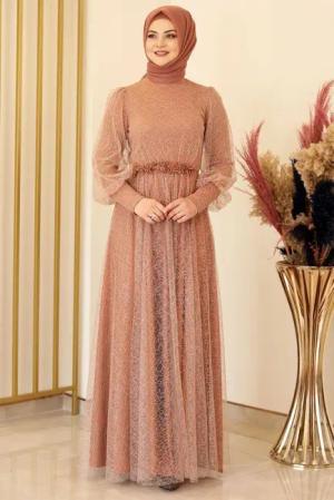 fashionshowcase Abendkleid silbriges Tüllkleid Abiye Abaya
