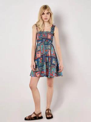 Apricot Minikleid Smokkleid, mit Blumendruck