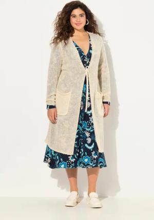 Ulla Popken Strickjacke Long-Strickjacke Bindeband V-Ausschnitt