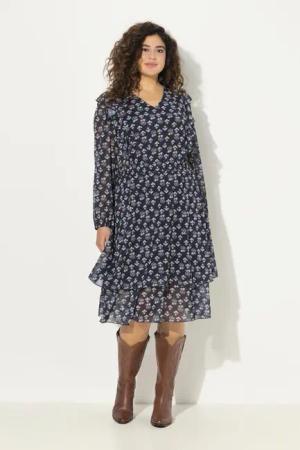 Ulla Popken Midikleid Kleid doppellagig V-Ausschnitt