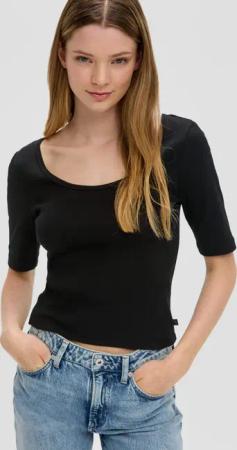 QS Kurzarmshirt Rippshirt mit tiefem Rundhalsausschnitt