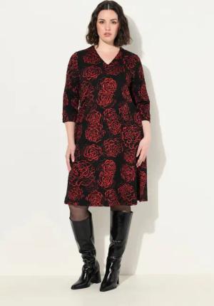 Ulla Popken Midikleid Jacquard-Jerseykleid V-Ausschnitt 3/4-Arm