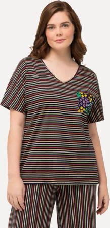 Ulla Popken Pyjama Schlafanzug-Shirt Streifen V-Ausschnitt