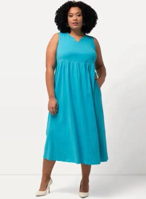 Ulla Popken Maxikleid Jerseykleid A-Linie Tunika-Ausschnitt