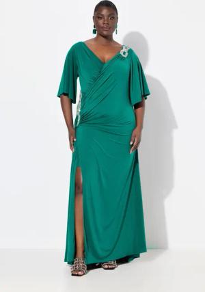 Ulla Popken Cocktailkleid Maxikleid Drapierung V-Ausschnitt