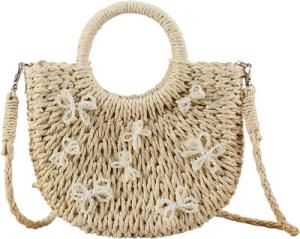 Refttenw Strandtasche Damen Stroh-Tragetasche,Handtasche mit Schleife,Bohemien