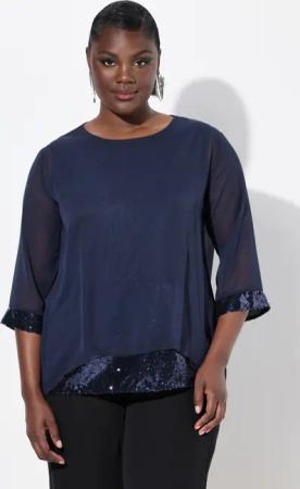 Ulla Popken Druckbluse Chiffonbluse doppellagig U-Boot-Ausschnitt