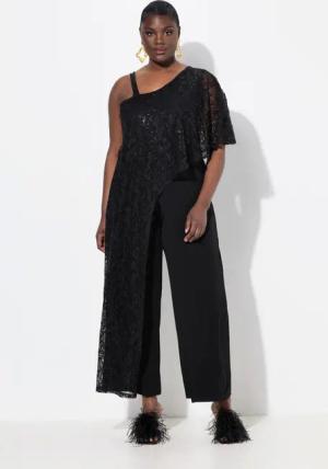 Ulla Popken Funktionshose Jumpsuit Spitzen-Überwurf weites