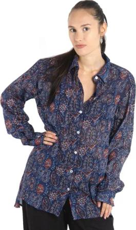 Guru-Shop Longbluse Handbedrucktes Boho Langarmhemd, luftiges..
