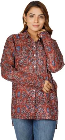 Guru-Shop Longbluse Handbedrucktes Boho Langarmhemd, luftiges..