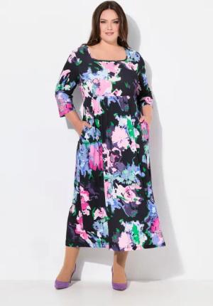 Ulla Popken Maxikleid Jerseykleid A-Linie Carree-Ausschnitt
