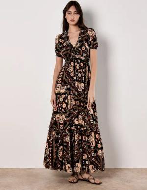 Apricot Druckkleid Maxi-Sommerkleid, mit Smokband und
