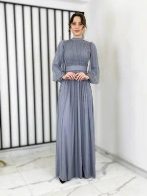 fashionshowcase Tüllkleid Damen Abendkleid Maxilänge Abaya-Stil