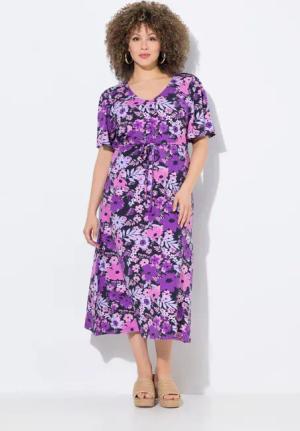 Ulla Popken Jerseykleid Jersey-Midikleid A-Linie V-Ausschnitt