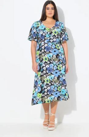 Ulla Popken Jerseykleid Jersey-Midikleid A-Linie V-Ausschnitt