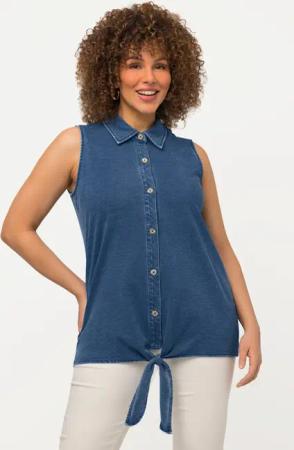 Ulla Popken Spitzenbluse Blusentop Jeansoptik Saumknoten