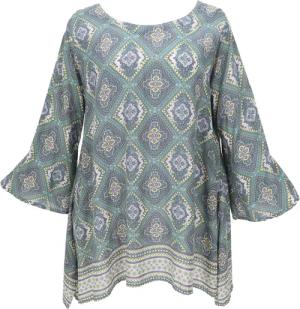 Guru-Shop Longbluse Tunika mit Trompetenärmeln für
