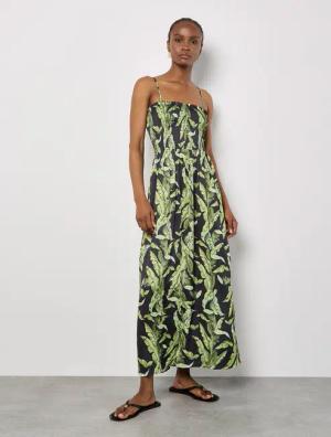 Apricot Maxikleid Tropical Leaf Smokkleid, mit