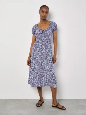 Apricot Midikleid Aquarellfarbenes geblümtes Kleid, mit