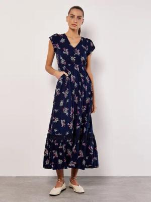 Apricot Maxikleid Maxi-Sommerkleid, mit bestickter Bordüre