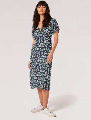Apricot Druckkleid Daisy Floral Midikleid, in