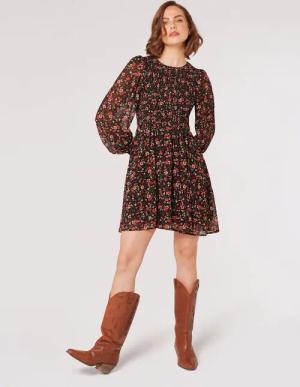 Apricot Smokkleid geblümtes Minikleid, (1-tlg) mit