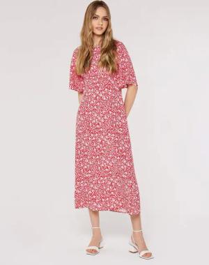 Apricot Druckkleid Vintage Blumen Midi-Kleid, mit