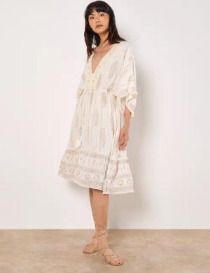 Apricot Midikleid Gold Print Tassel Dress,