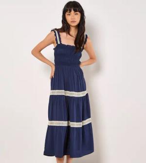 Apricot Midikleid Häkelspitzen-Stufenkleid, mit Smokdetails