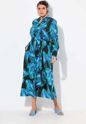 Ulla Popken Midikleid Maxikleid Blätter A-Linie