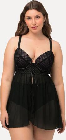 Ulla Popken Nachthemd Babydoll Samt-Karo Mesh
