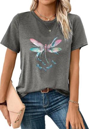 PYL Rundhalsshirt Damen Sommer kurzarm T-Shirts mit Libellen Print Oberteile Tops
